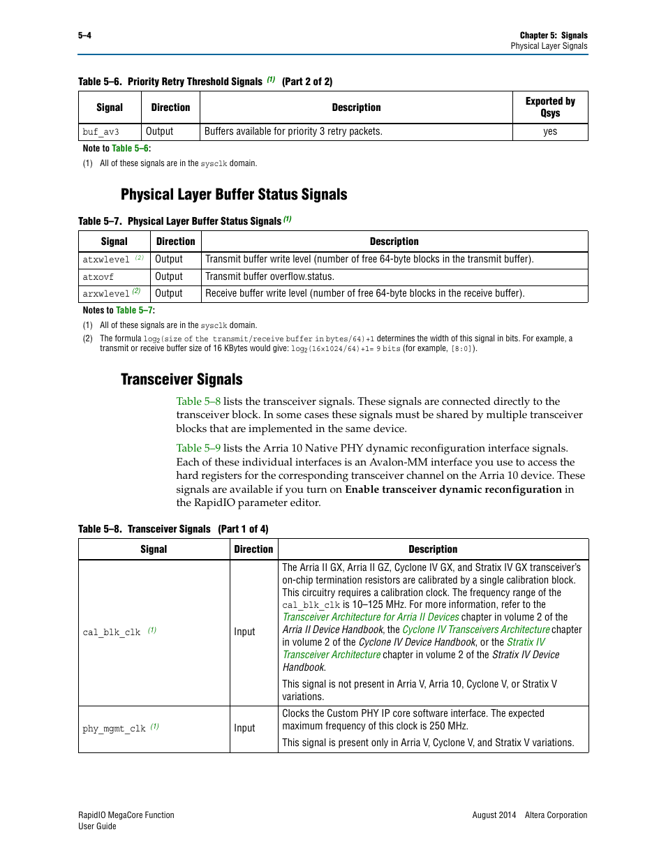 Physical layer buffer status signals, Transceiver signals, Table 5–8 on | Altera RapidIO MegaCore Function User Manual | Page 118 / 198