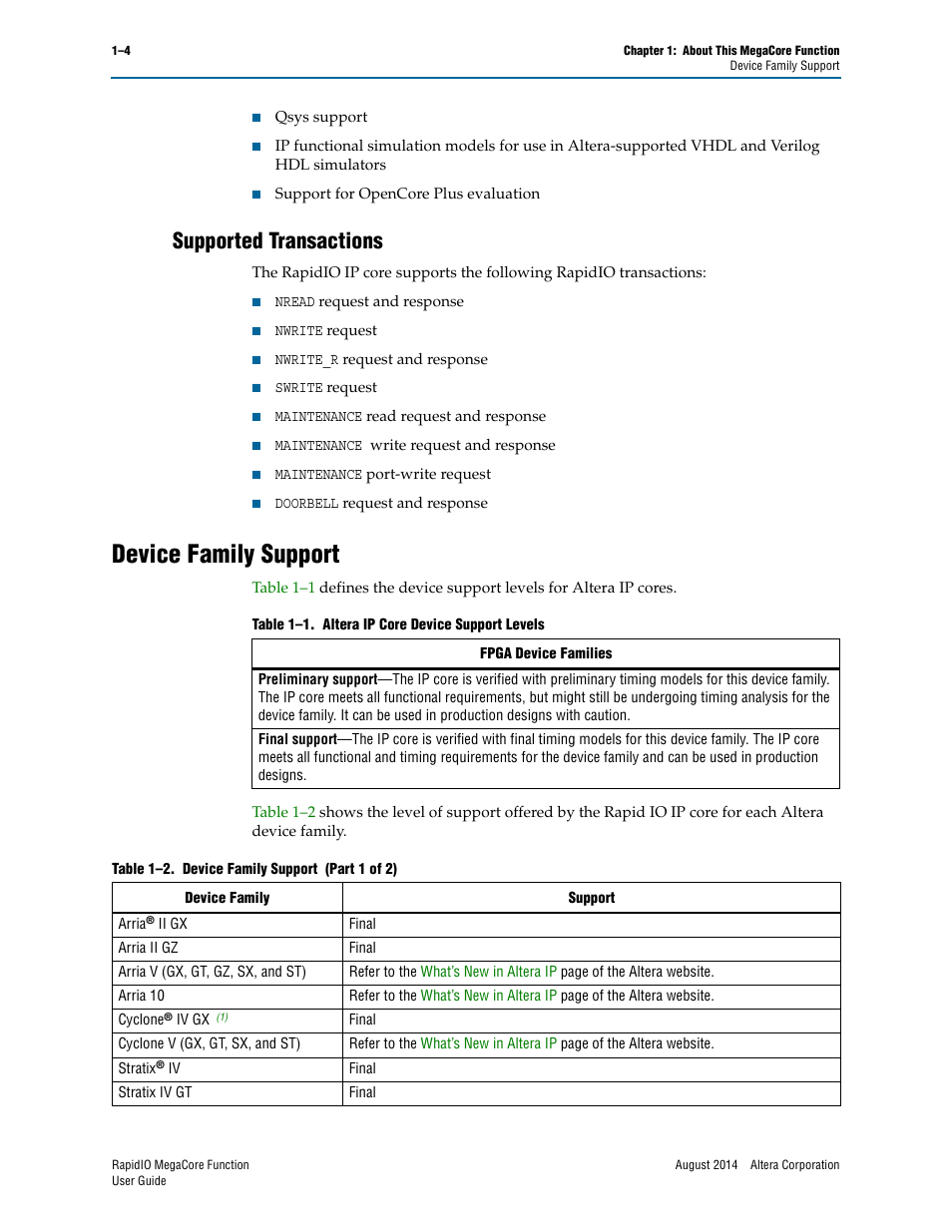 Supported transactions, Device family support, Supported transactions –4 | Device family support –4 | Altera RapidIO MegaCore Function User Manual | Page 12 / 198