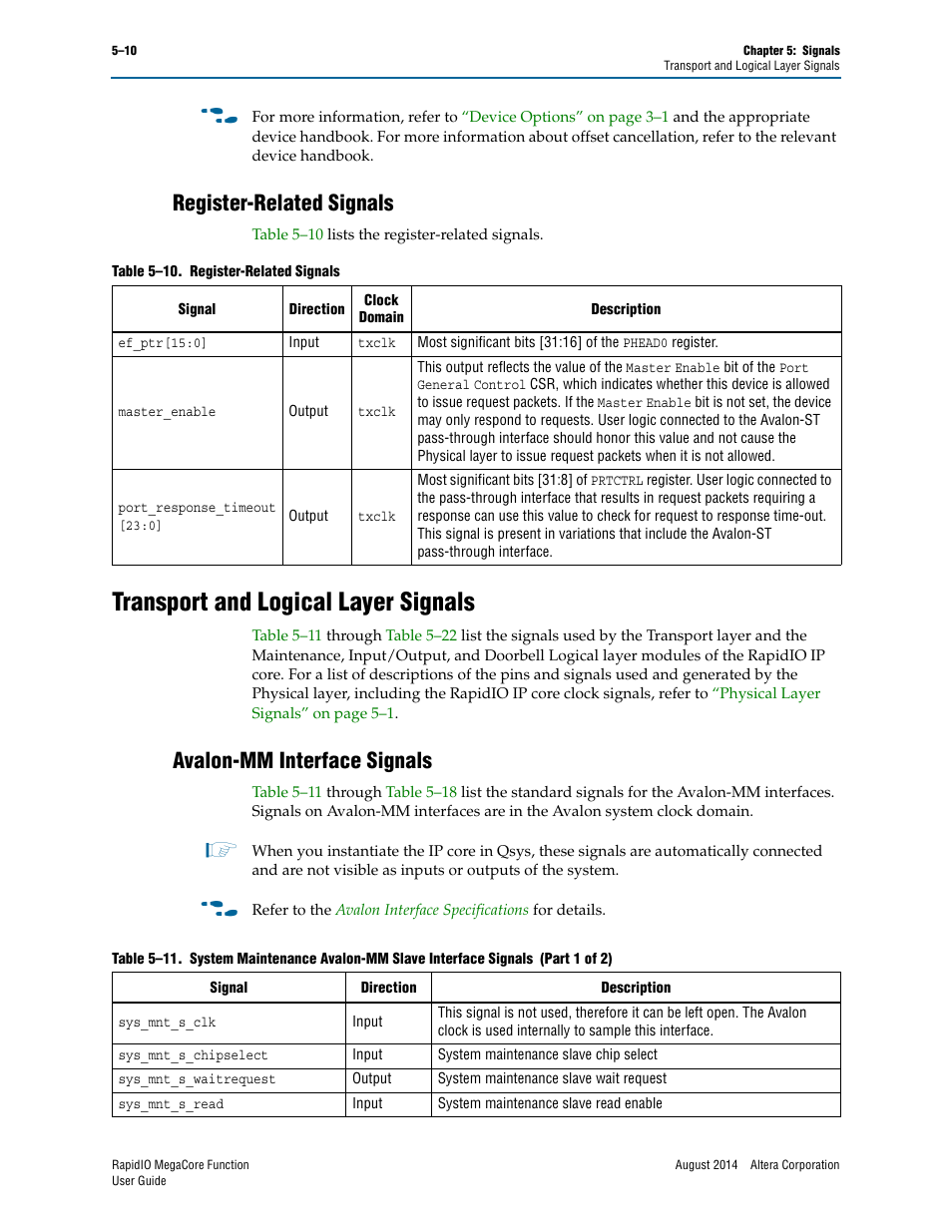 Register-related signals, Transport and logical layer signals, Avalon-mm interface signals | Register-related signals –10, Transport and logical layer signals –10, Avalon-mm interface signals –10 | Altera RapidIO MegaCore Function User Manual | Page 124 / 198