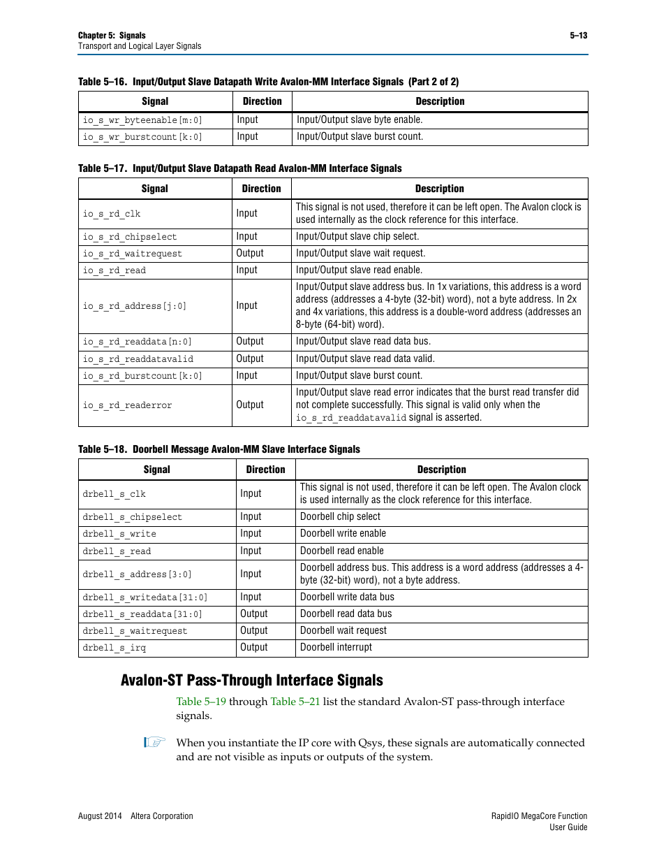 Avalon-st pass-through interface signals, Avalon-st pass-through interface signals –13, Table 5–18 | Altera RapidIO MegaCore Function User Manual | Page 127 / 198