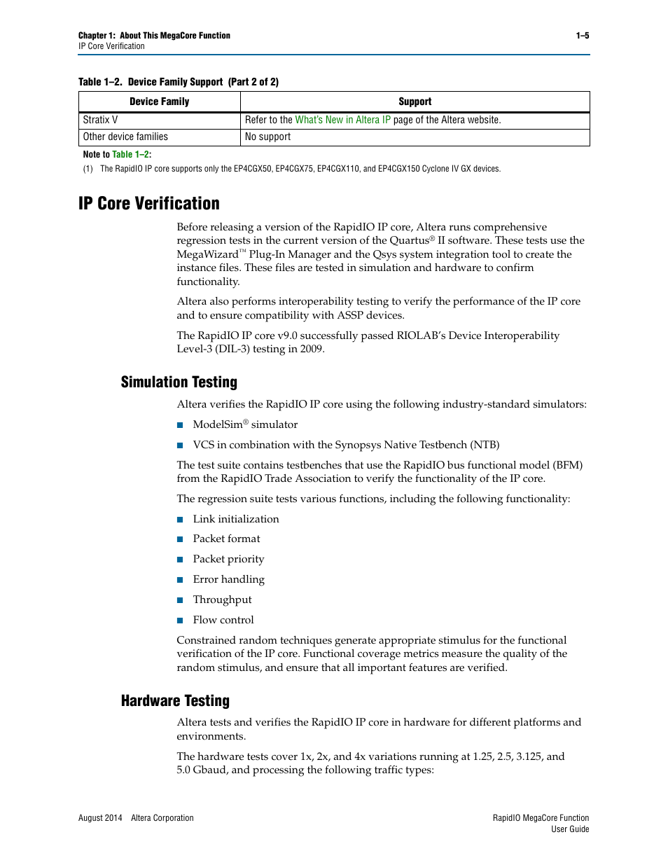 Ip core verification, Simulation testing, Hardware testing | Ip core verification –5, Simulation testing –5 hardware testing –5 | Altera RapidIO MegaCore Function User Manual | Page 13 / 198