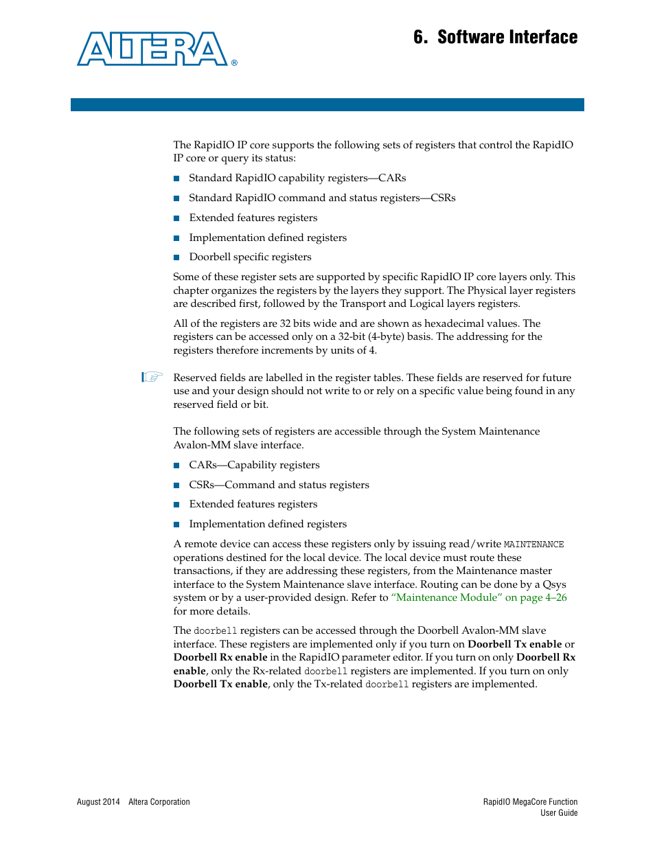 Software interface, Chapter 6. software interface, Chapter 6, software interface | Altera RapidIO MegaCore Function User Manual | Page 133 / 198