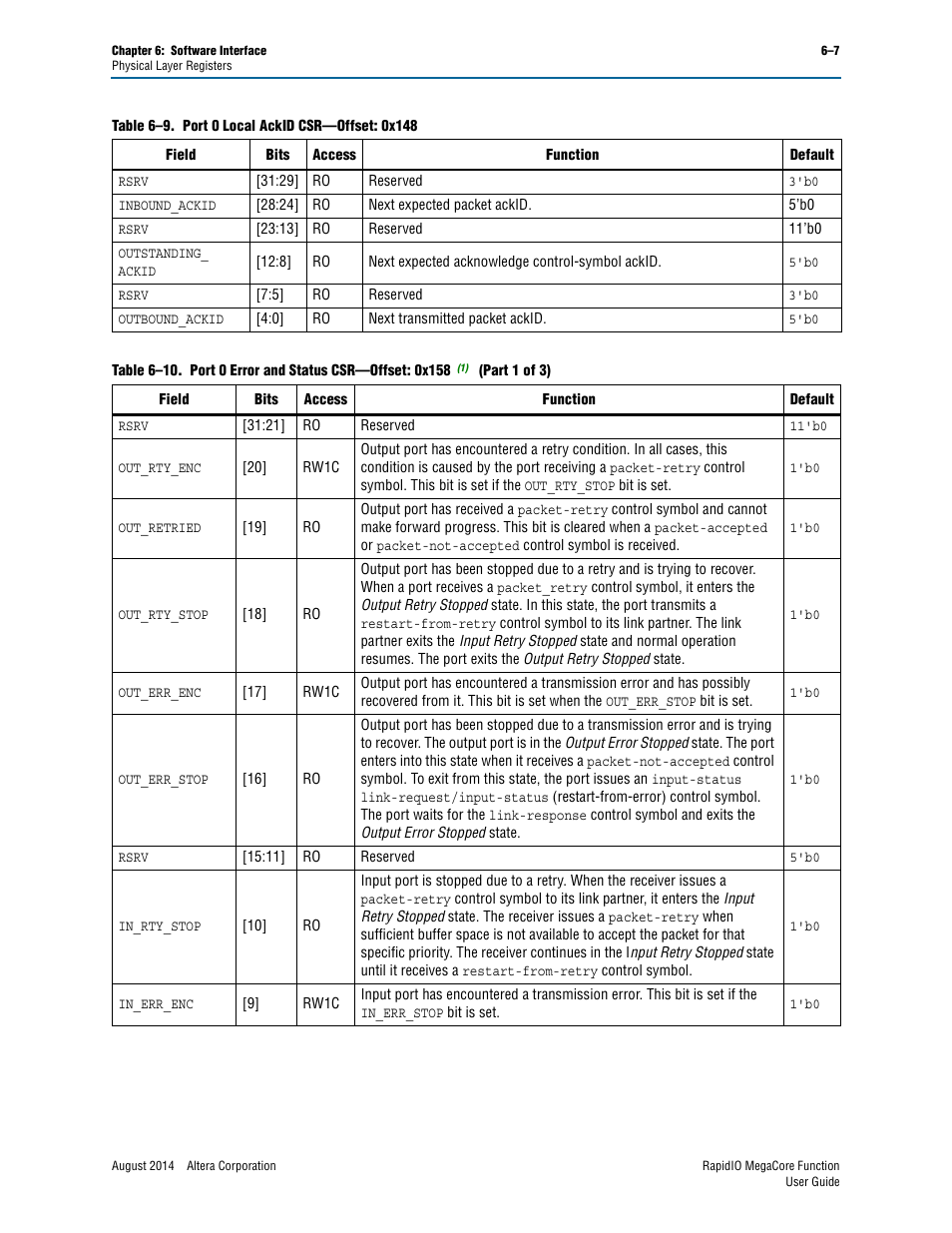 D in, Table 6–10 on | Altera RapidIO MegaCore Function User Manual | Page 139 / 198