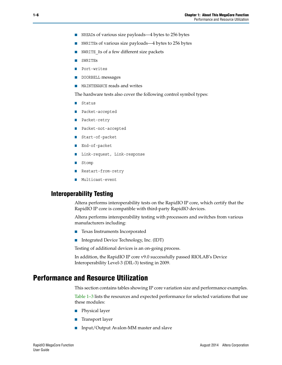 Interoperability testing, Performance and resource utilization, Interoperability testing –6 | Performance and resource utilization –6 | Altera RapidIO MegaCore Function User Manual | Page 14 / 198