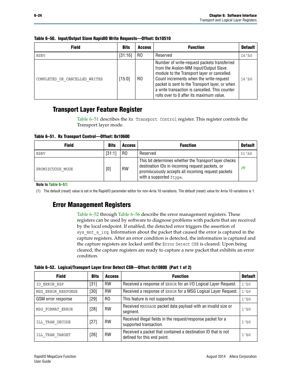 Transport layer feature register, Error management registers, Table 6–51 on | Table 6–52 on, Table 6–52, Error | Altera RapidIO MegaCore Function User Manual | Page 156 / 198