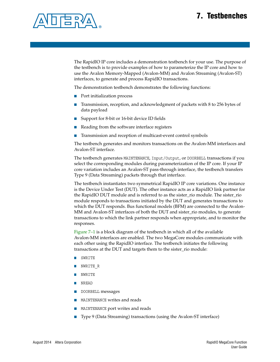 Testbenches, Chapter 7. testbenches, Chapter 7, testbenches | Altera RapidIO MegaCore Function User Manual | Page 163 / 198