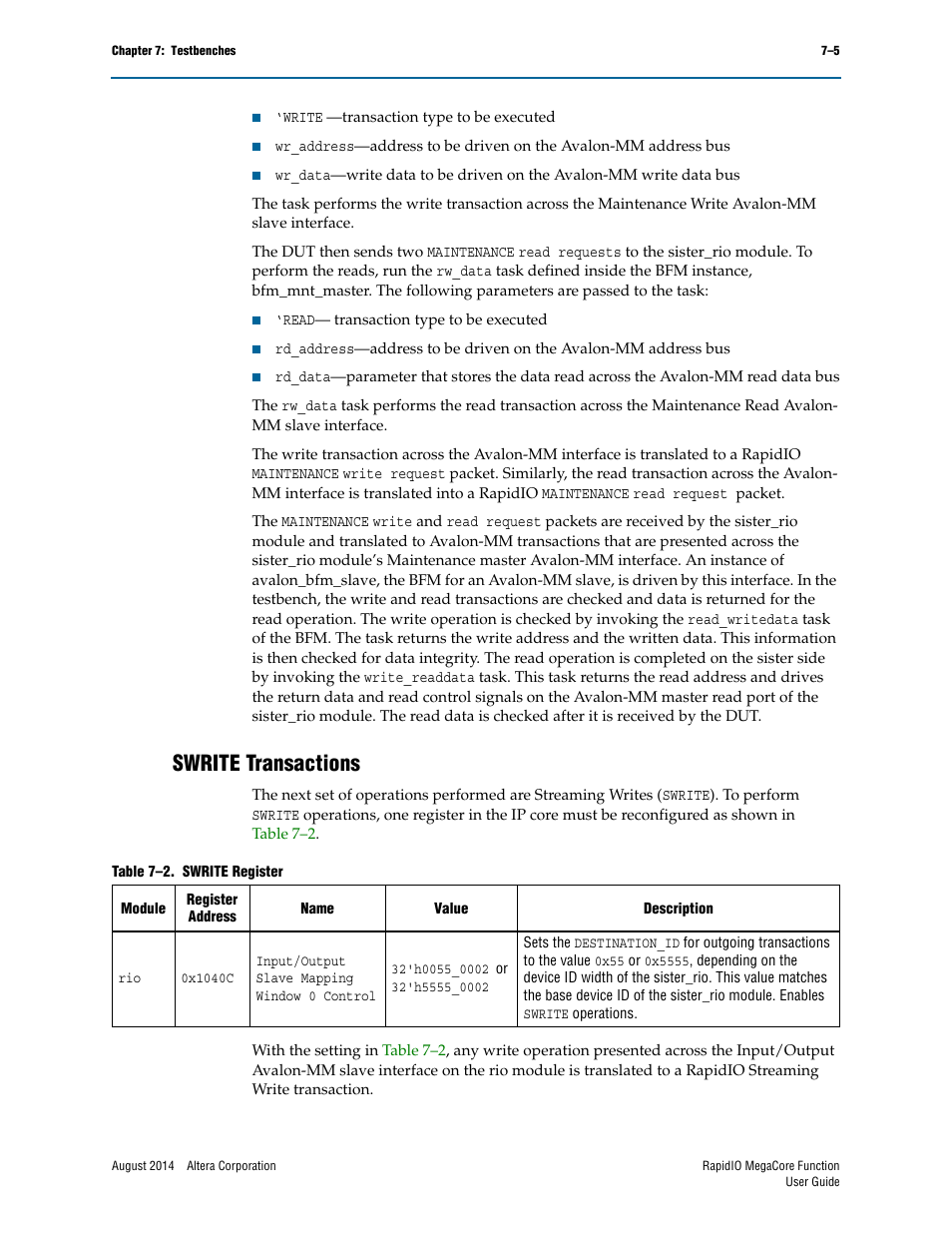 Swrite transactions, Swrite transactions –5 | Altera RapidIO MegaCore Function User Manual | Page 167 / 198