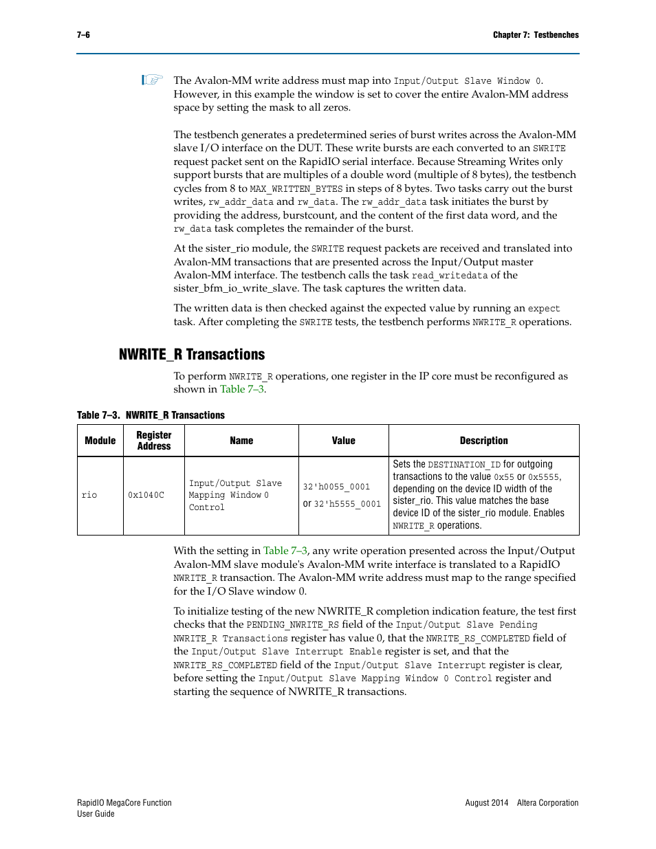 Nwrite_r transactions, Nwrite_r transactions –6 | Altera RapidIO MegaCore Function User Manual | Page 168 / 198