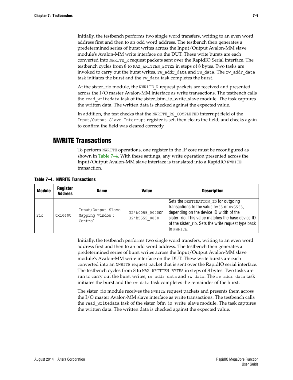 Nwrite transactions, Nwrite transactions –7 | Altera RapidIO MegaCore Function User Manual | Page 169 / 198