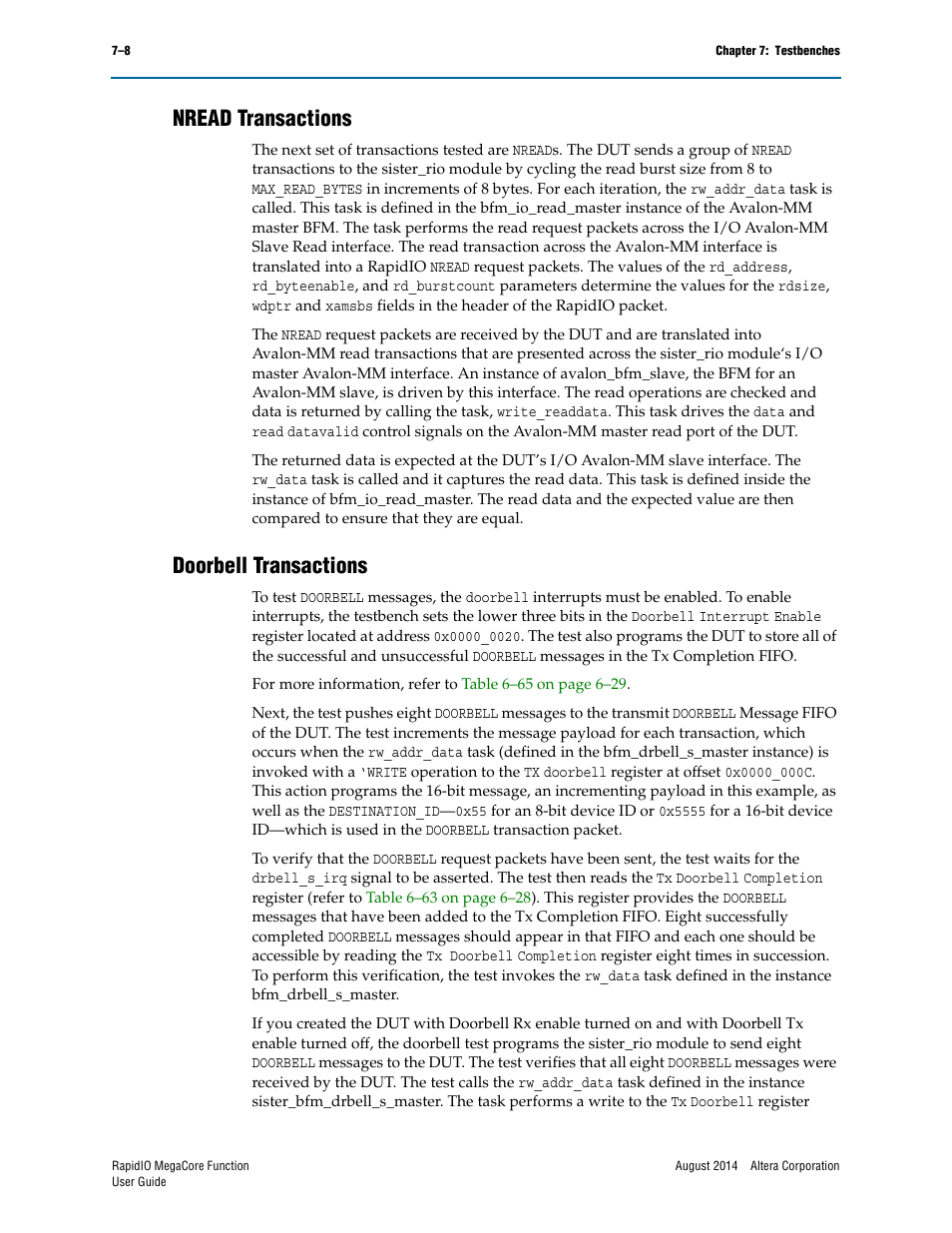 Nread transactions, Doorbell transactions, Nread transactions –8 doorbell transactions –8 | Altera RapidIO MegaCore Function User Manual | Page 170 / 198
