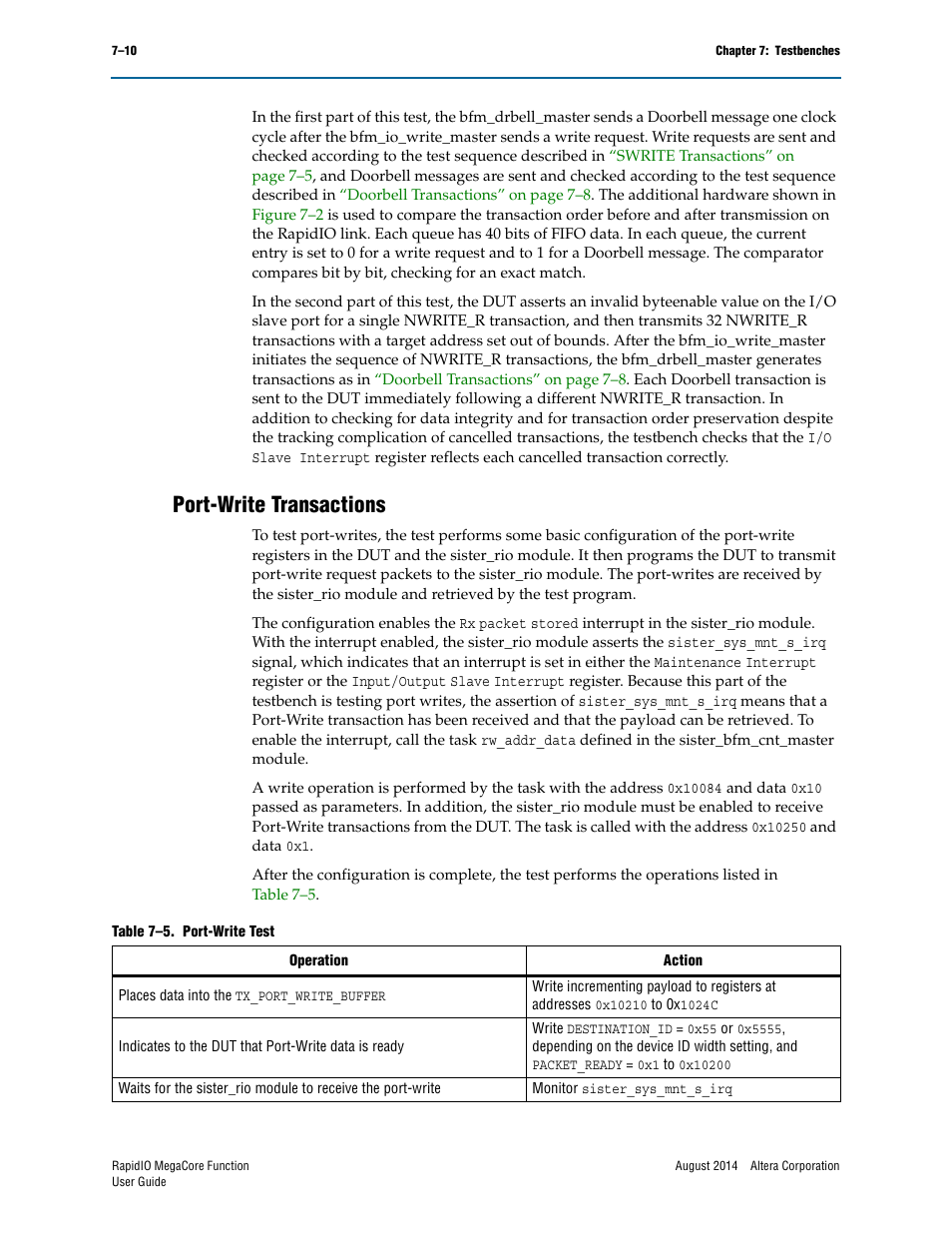 Port-write transactions, Port-write transactions –10 | Altera RapidIO MegaCore Function User Manual | Page 172 / 198