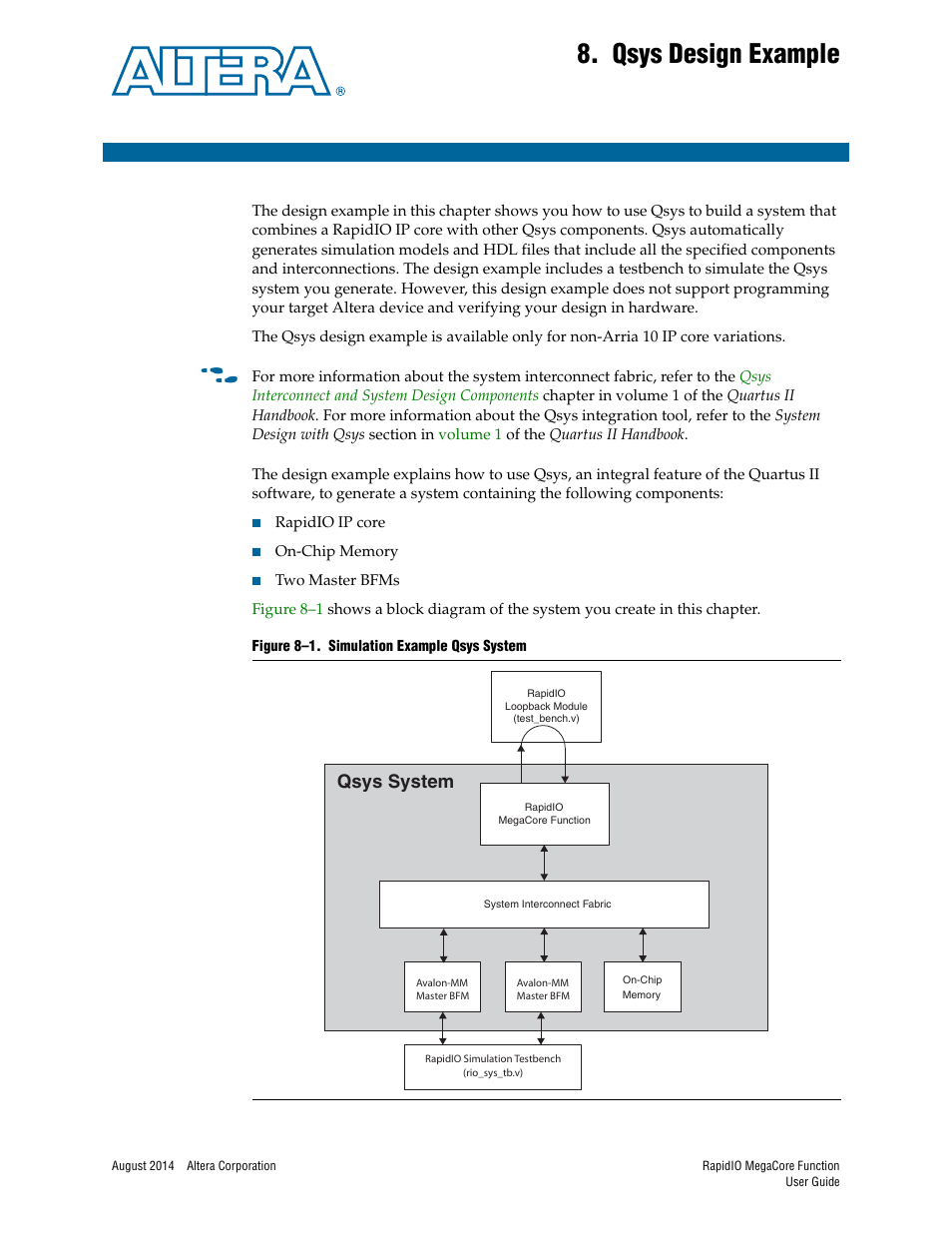 Qsys design example, Chapter 8. qsys design example, Chapter 8, qsys design example | Qsys system | Altera RapidIO MegaCore Function User Manual | Page 175 / 198