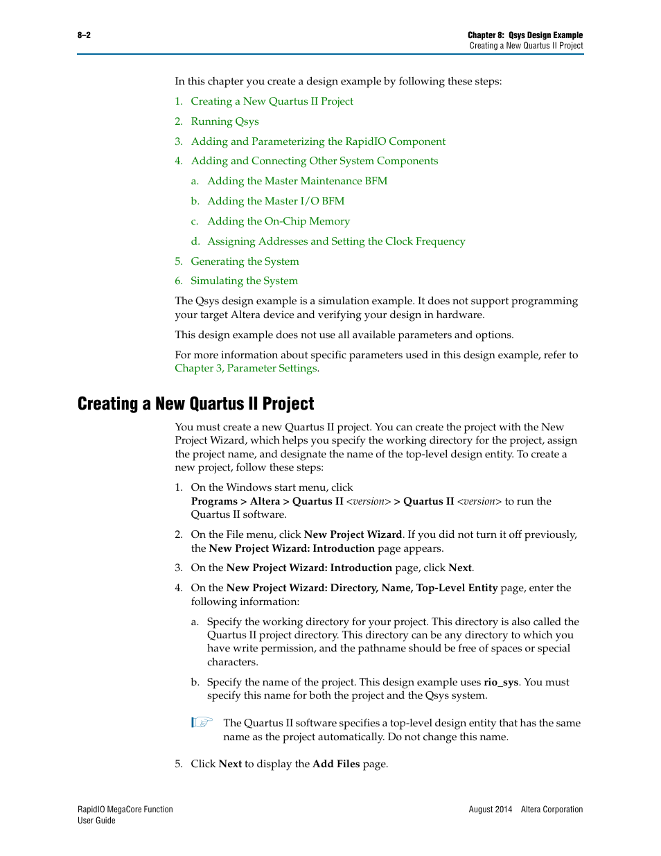 Creating a new quartus ii project, Creating a new quartus ii project –2 | Altera RapidIO MegaCore Function User Manual | Page 176 / 198
