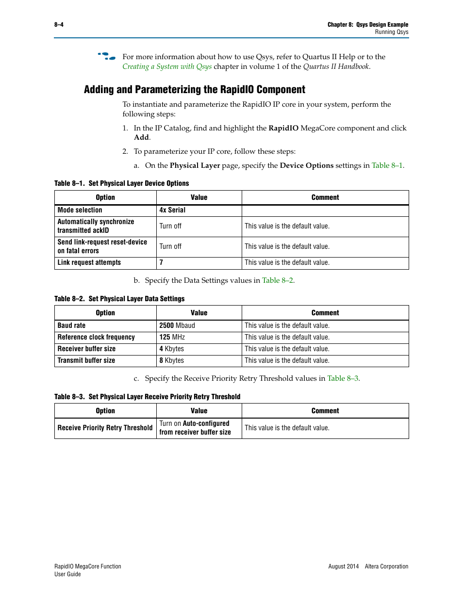 Adding and parameterizing the rapidio component, Adding and parameterizing the rapidio component –4, D to | Adding and parameterizing the rapidio, Component, And f | Altera RapidIO MegaCore Function User Manual | Page 178 / 198