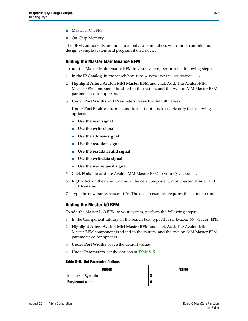 Adding the master maintenance bfm, Adding the master i/o bfm | Altera RapidIO MegaCore Function User Manual | Page 181 / 198