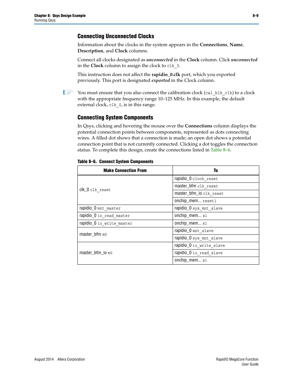 Connecting unconnected clocks, Connecting system components | Altera RapidIO MegaCore Function User Manual | Page 183 / 198