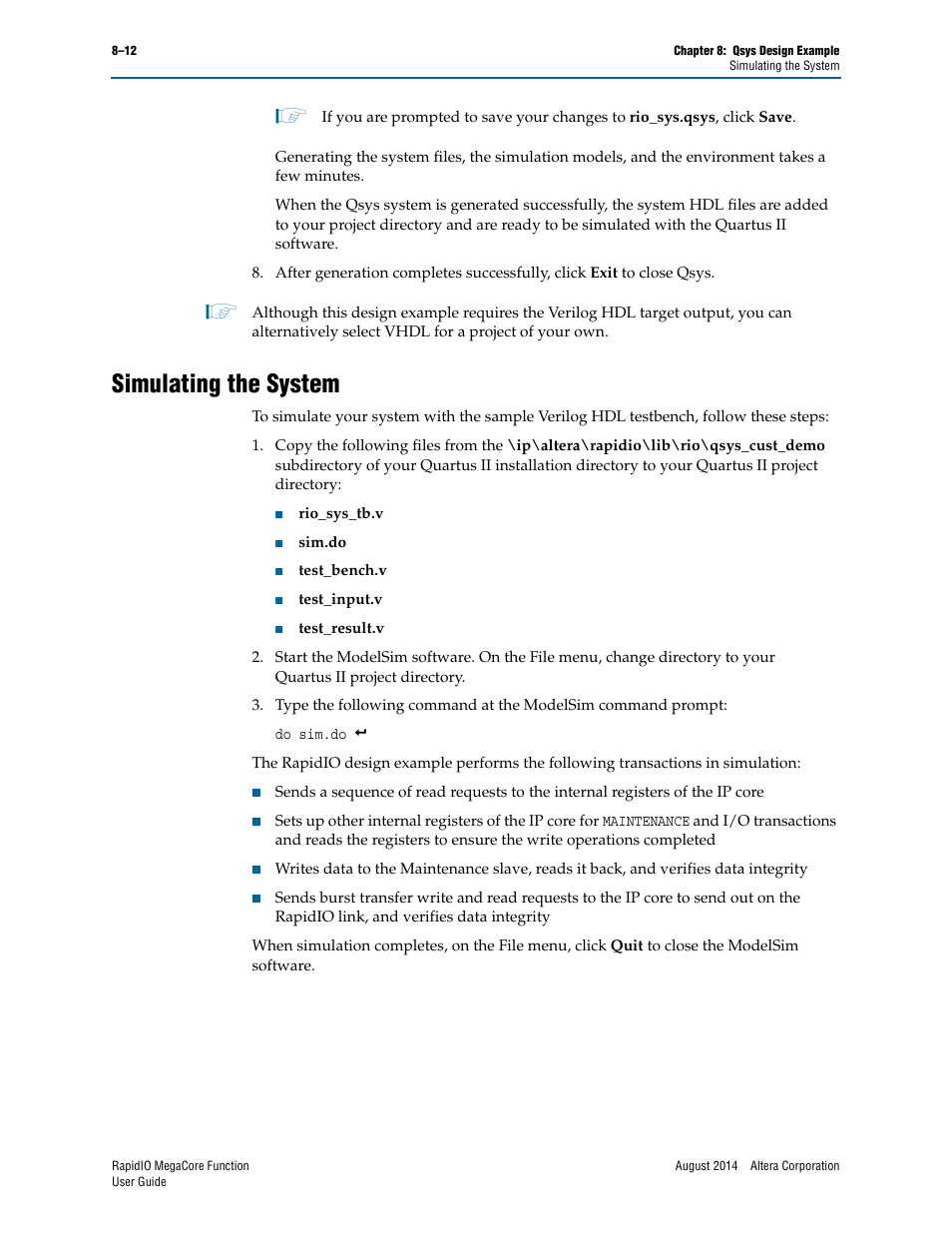 Simulating the system, Simulating the system –12 | Altera RapidIO MegaCore Function User Manual | Page 186 / 198