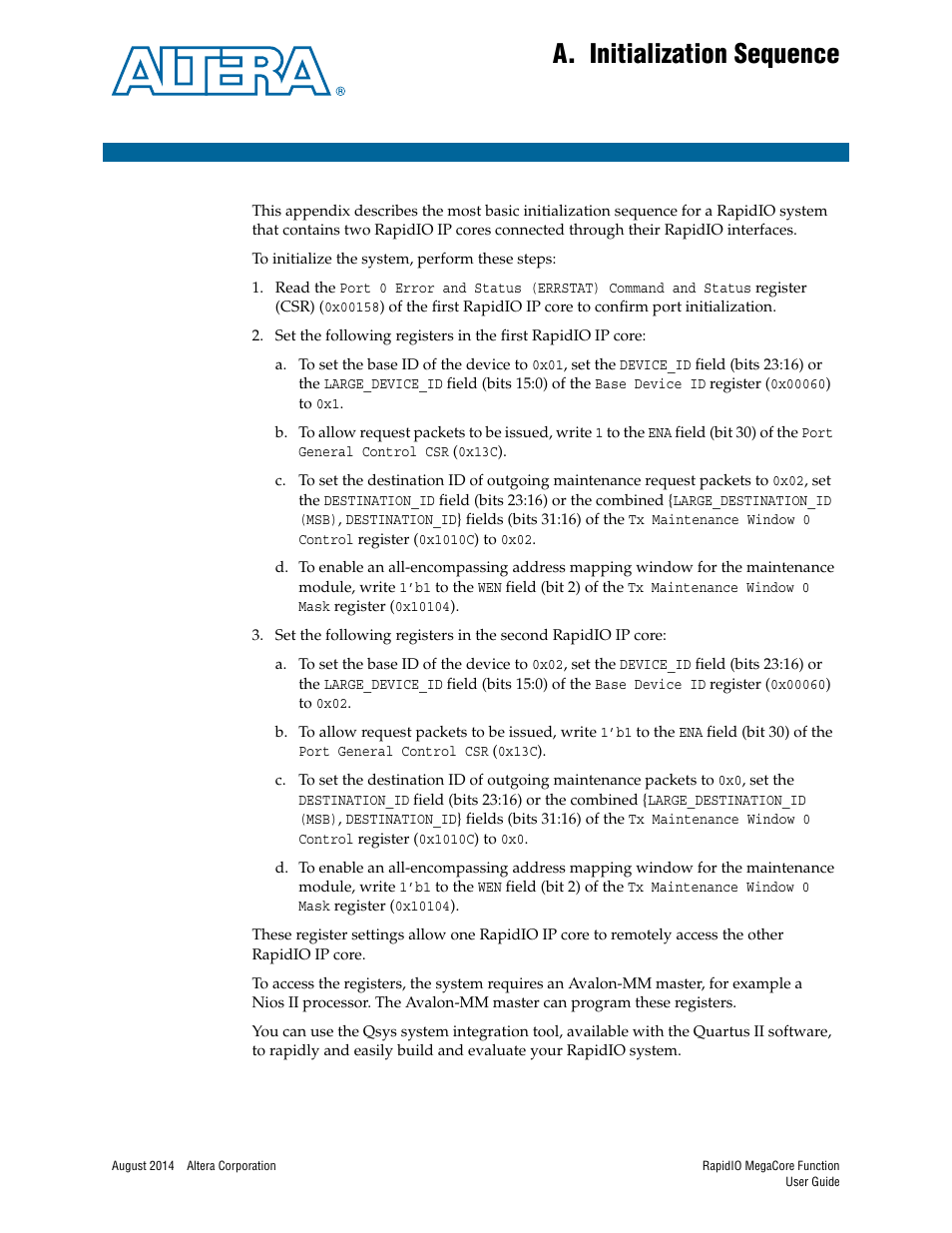 A. initialization sequence, Appendix a. initialization sequence | Altera RapidIO MegaCore Function User Manual | Page 187 / 198