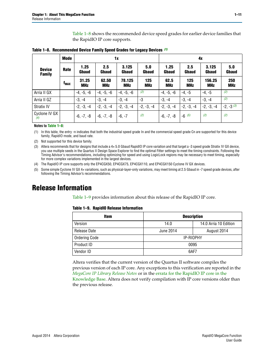 Release information, Release information –11, Table 1–8 | Altera RapidIO MegaCore Function User Manual | Page 19 / 198