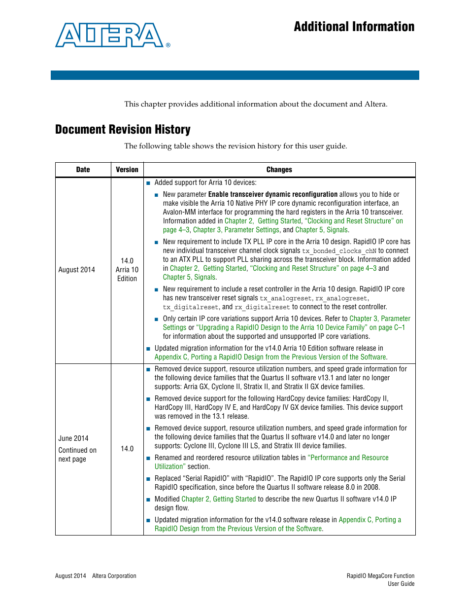 Additional information, Document revision history | Altera RapidIO MegaCore Function User Manual | Page 193 / 198