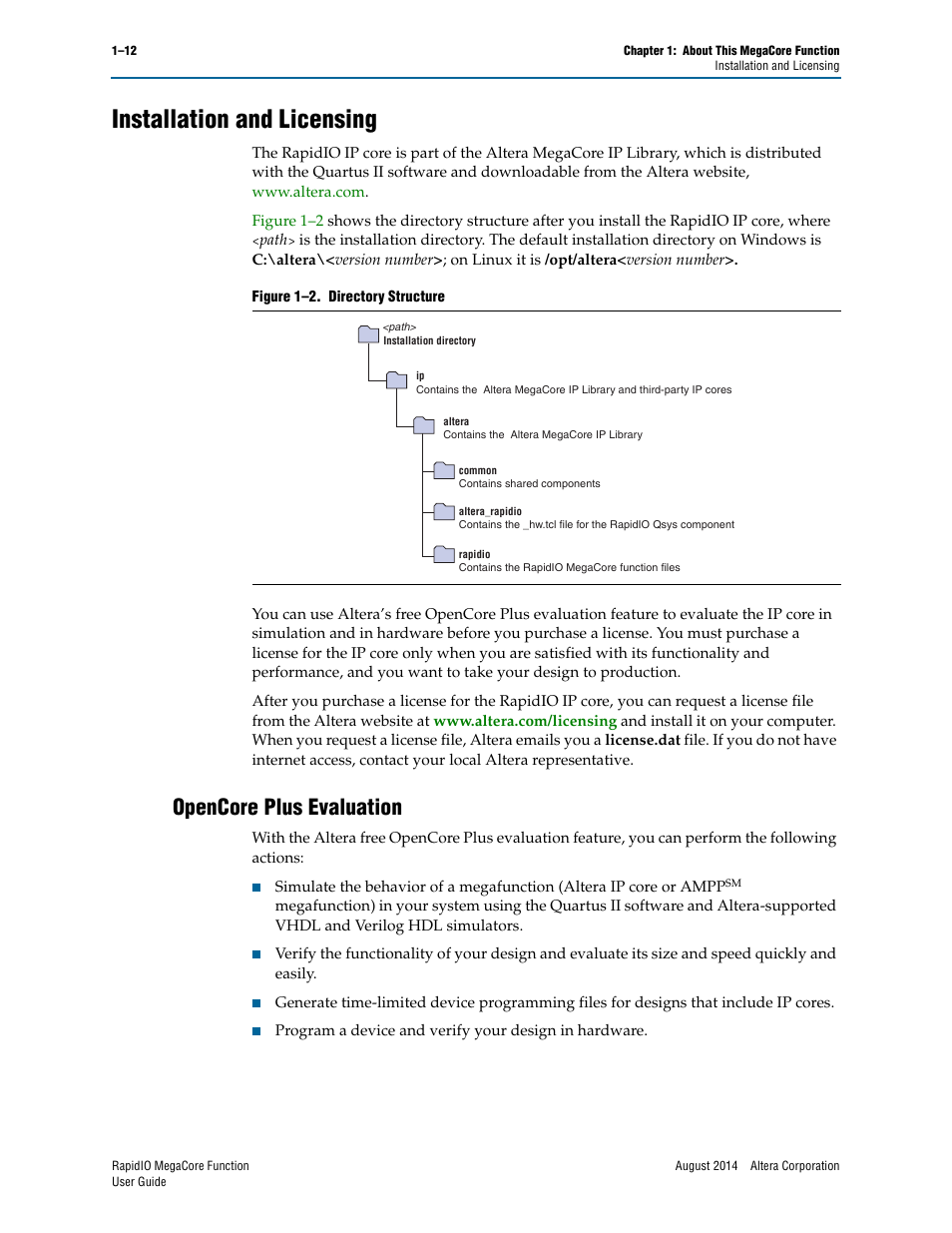 Installation and licensing, Opencore plus evaluation, Installation and licensing –12 | Opencore plus evaluation –12 | Altera RapidIO MegaCore Function User Manual | Page 20 / 198