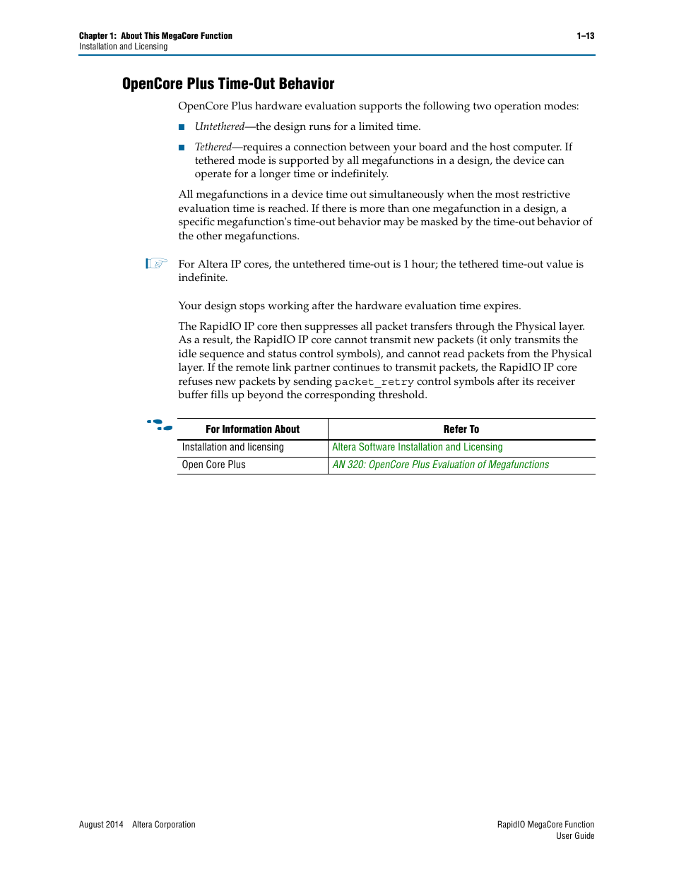 Opencore plus time-out behavior, Opencore plus time-out behavior –13 | Altera RapidIO MegaCore Function User Manual | Page 21 / 198