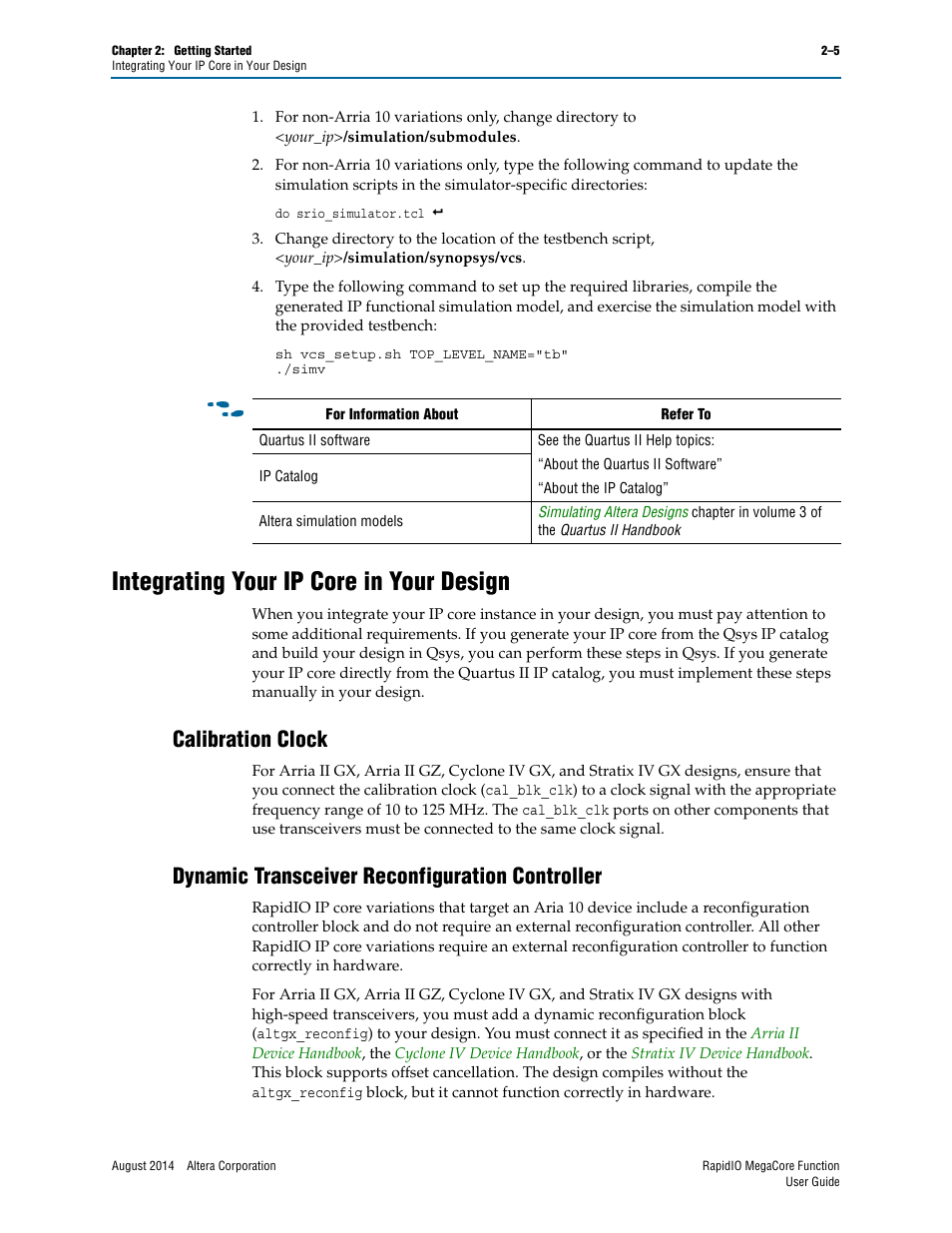 Integrating your ip core in your design, Calibration clock, Dynamic transceiver reconfiguration controller | Integrating your ip core in your design –5 | Altera RapidIO MegaCore Function User Manual | Page 27 / 198