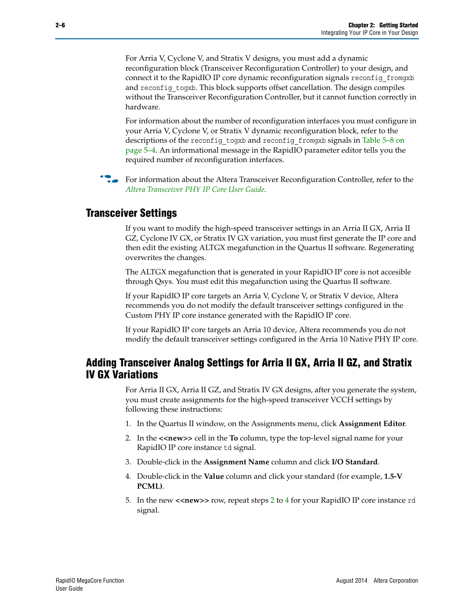 Transceiver settings | Altera RapidIO MegaCore Function User Manual | Page 28 / 198