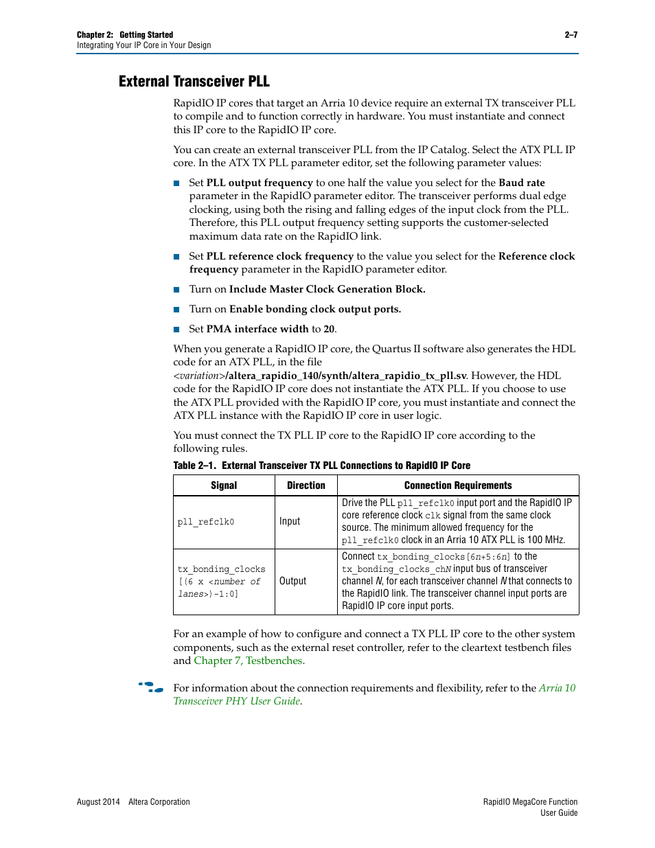 External transceiver pll, External transceiver pll –7 | Altera RapidIO MegaCore Function User Manual | Page 29 / 198