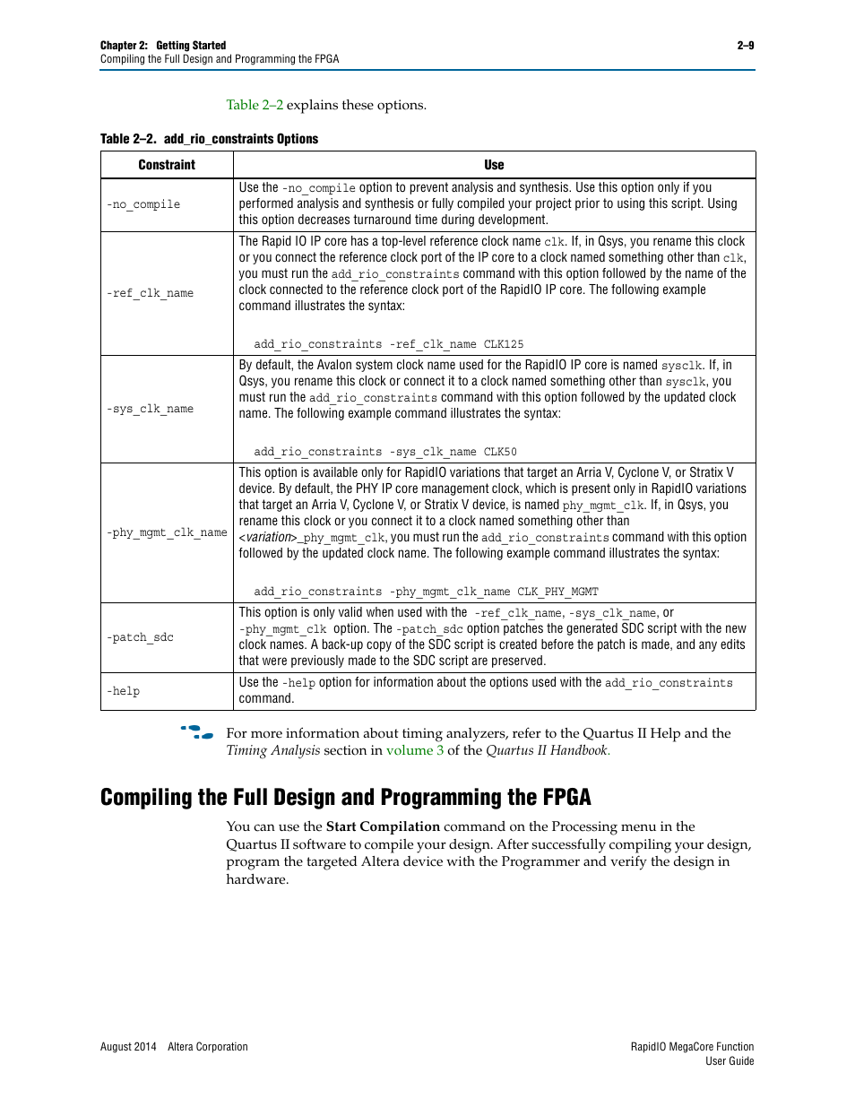 Compiling the full design and programming the fpga | Altera RapidIO MegaCore Function User Manual | Page 31 / 198