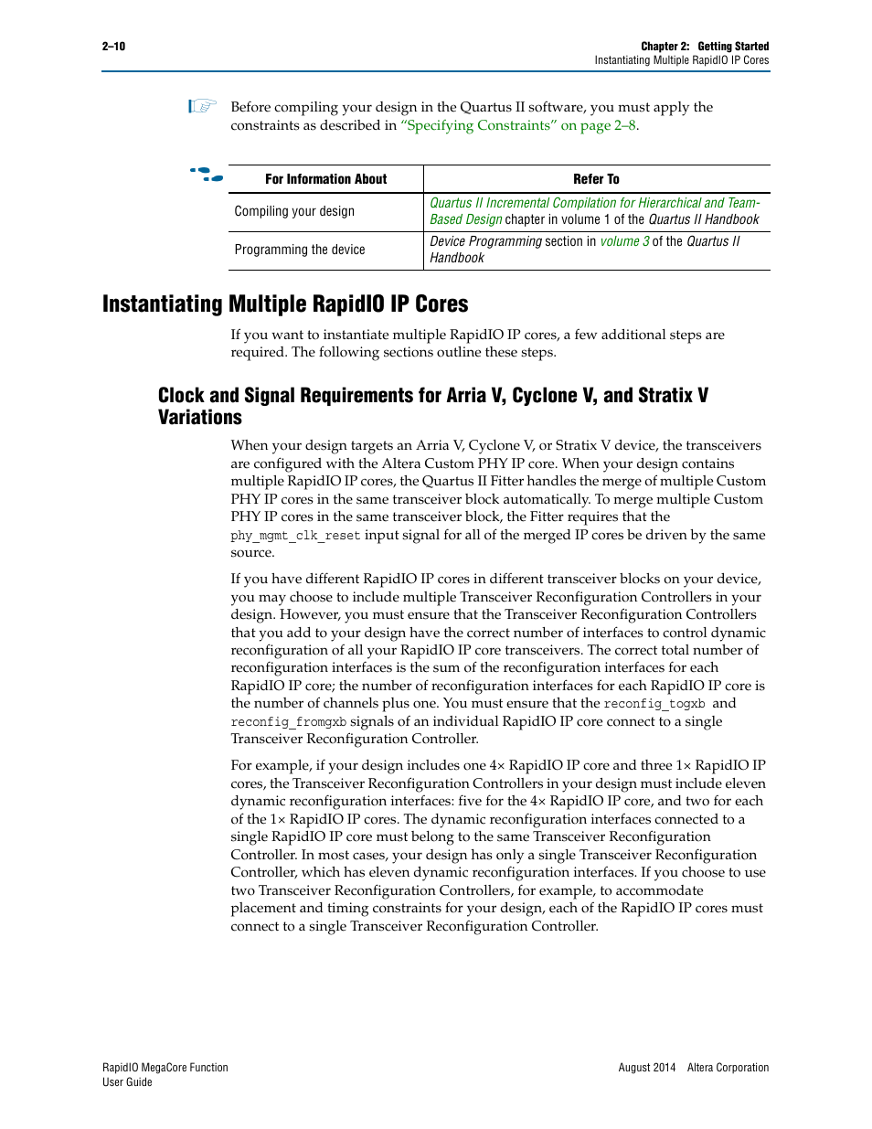 Instantiating multiple rapidio ip cores, Instantiating multiple rapidio ip cores –10 | Altera RapidIO MegaCore Function User Manual | Page 32 / 198