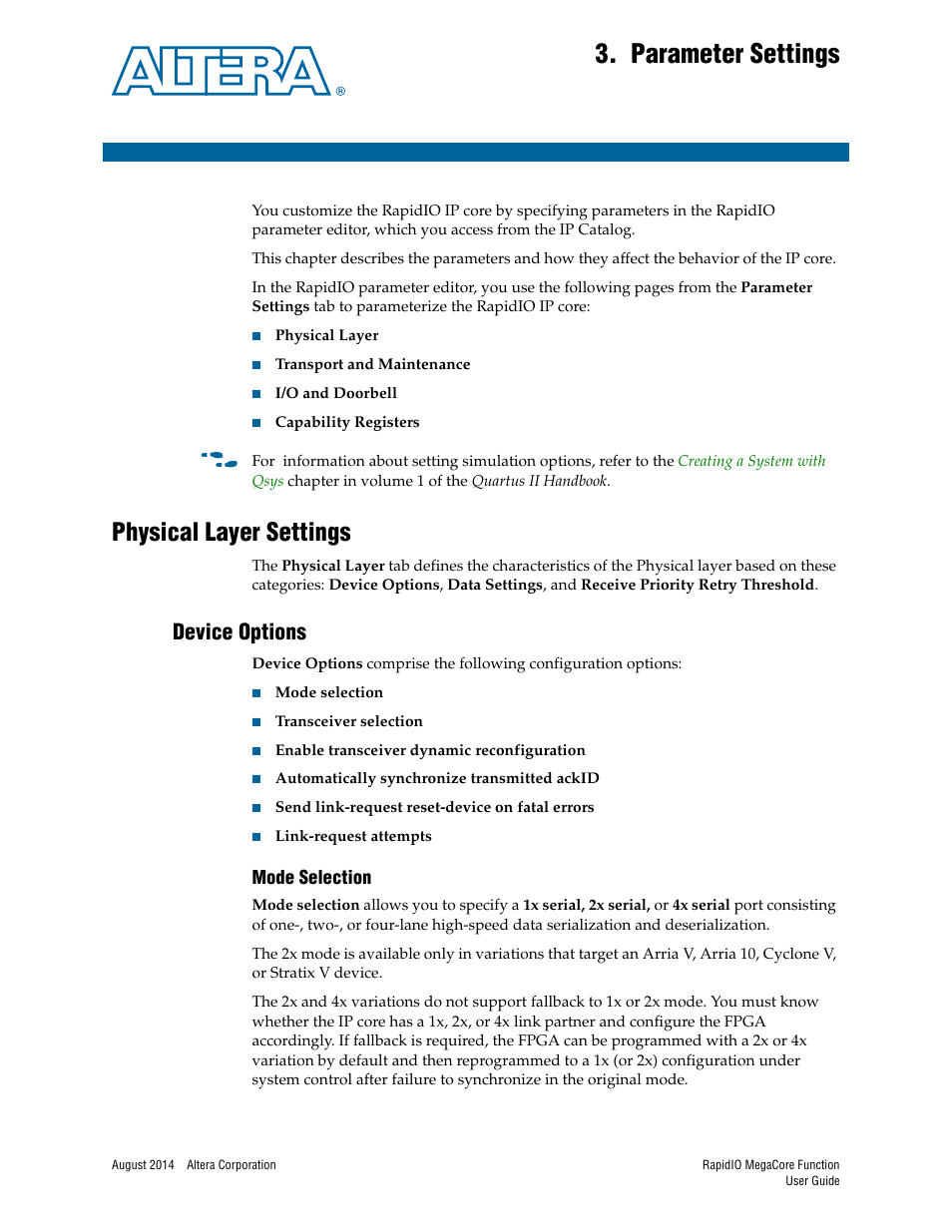 Parameter settings, Physical layer settings, Device options | Mode selection, Chapter 3. parameter settings, Physical layer settings –1, Device options –1, Mode selection –1 | Altera RapidIO MegaCore Function User Manual | Page 37 / 198