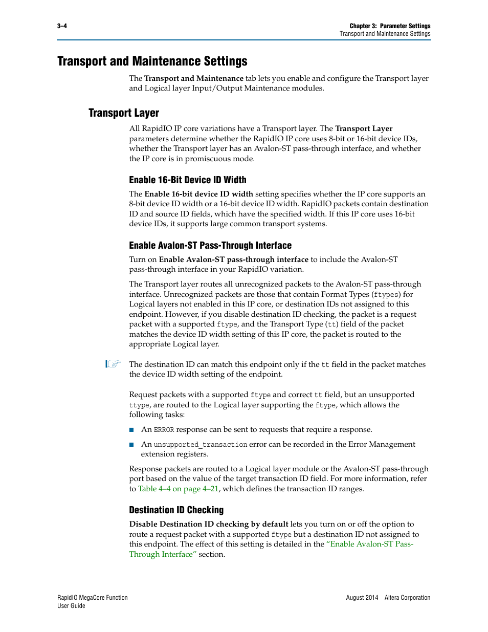 Transport and maintenance settings, Transport layer, Enable 16-bit device id width | Enable avalon-st pass-through interface, Destination id checking, Transport and maintenance settings –4, Transport layer –4 | Altera RapidIO MegaCore Function User Manual | Page 40 / 198