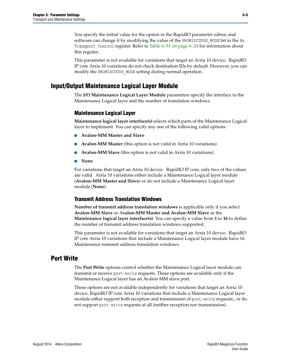 Input/output maintenance logical layer module, Maintenance logical layer, Transmit address translation windows | Port write, Input/output maintenance logical layer module –5, Port write –5 | Altera RapidIO MegaCore Function User Manual | Page 41 / 198