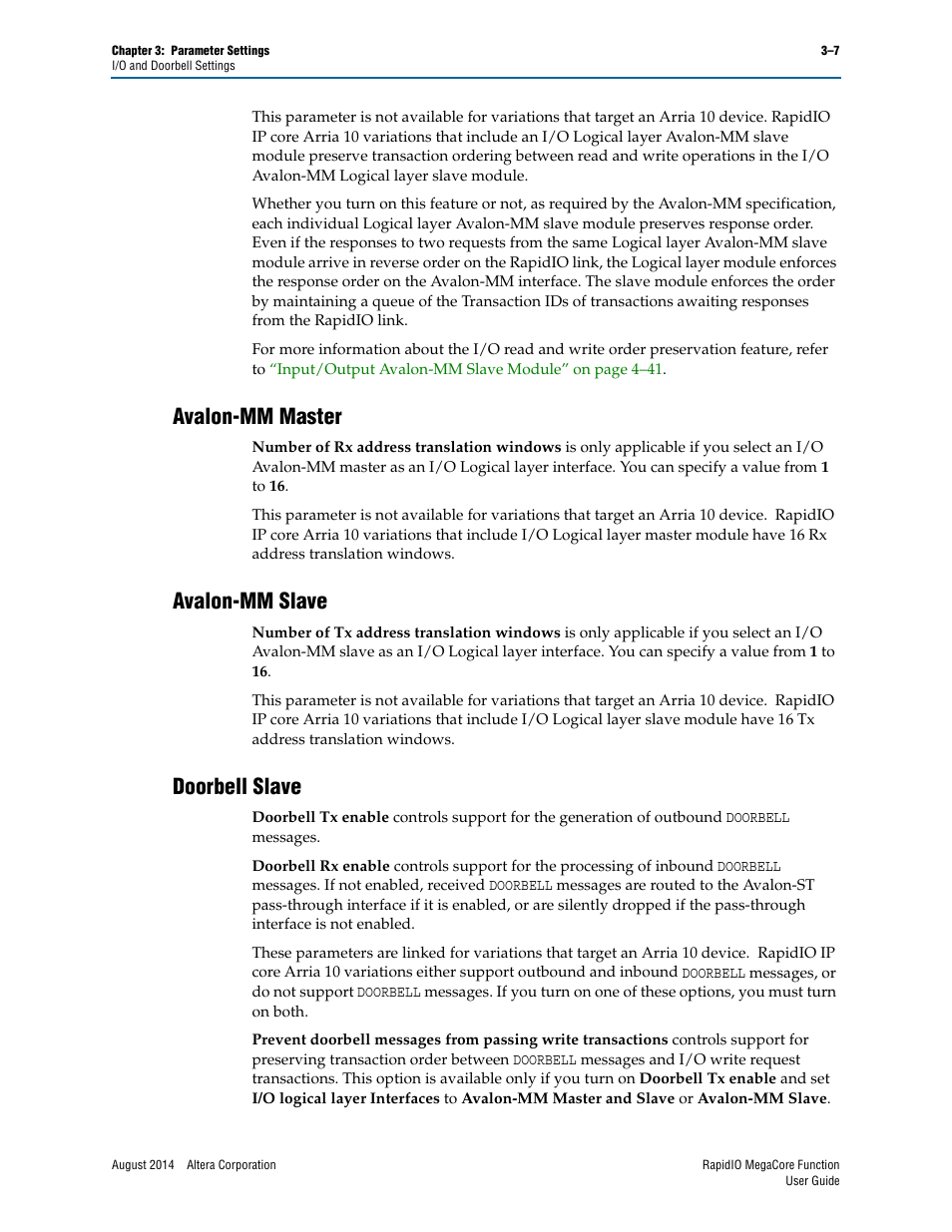 Avalon-mm master, Avalon-mm slave, Doorbell slave | Altera RapidIO MegaCore Function User Manual | Page 43 / 198