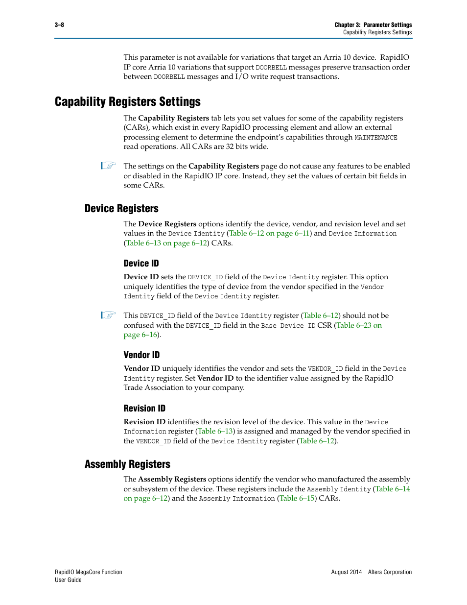 Capability registers settings, Device registers, Device id | Vendor id, Revision id, Assembly registers, Capability registers settings –8, Device registers –8, Device id –8 vendor id –8 revision id –8, Assembly registers –8 | Altera RapidIO MegaCore Function User Manual | Page 44 / 198