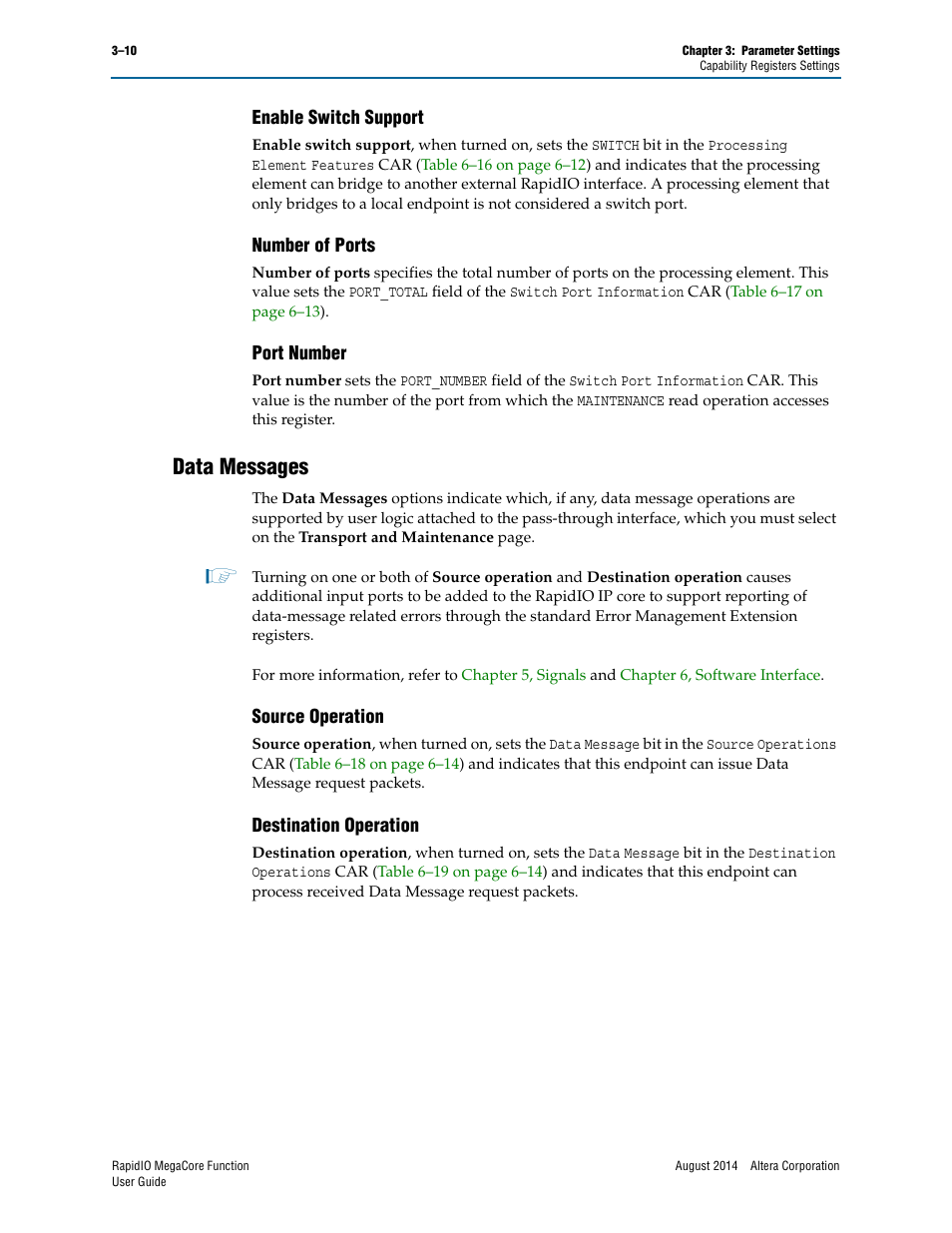 Enable switch support, Number of ports, Port number | Data messages, Source operation, Destination operation, Data messages –10, Source operation –10 destination operation –10 | Altera RapidIO MegaCore Function User Manual | Page 46 / 198