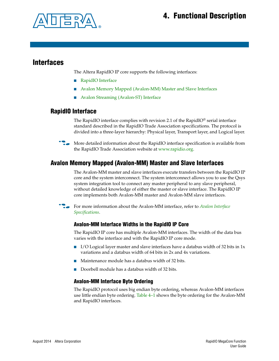 Functional description, Interfaces, Rapidio interface | Avalon-mm interface widths in the rapidio ip core, Avalon-mm interface byte ordering, Chapter 4. functional description, Interfaces –1 | Altera RapidIO MegaCore Function User Manual | Page 47 / 198