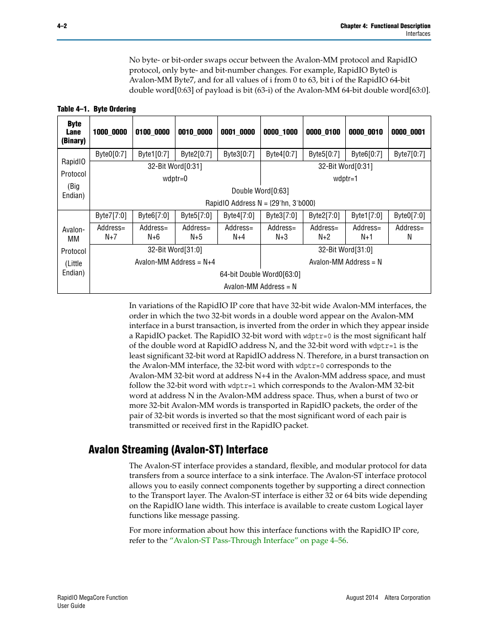 Avalon streaming (avalon-st) interface, Avalon streaming (avalon-st) interface –2, Ring | Table 4–1, Shows the | Altera RapidIO MegaCore Function User Manual | Page 48 / 198