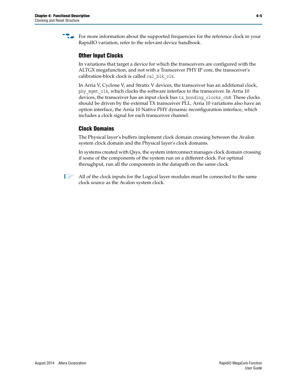 Other input clocks, Clock domains, Other input clocks –5 clock domains –5 | Altera RapidIO MegaCore Function User Manual | Page 51 / 198