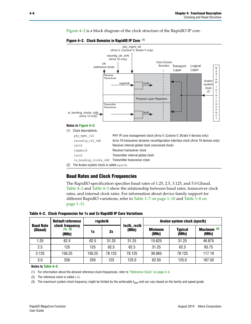 Baud rates and clock frequencies, Baud rates and clock frequencies –6 | Altera RapidIO MegaCore Function User Manual | Page 52 / 198