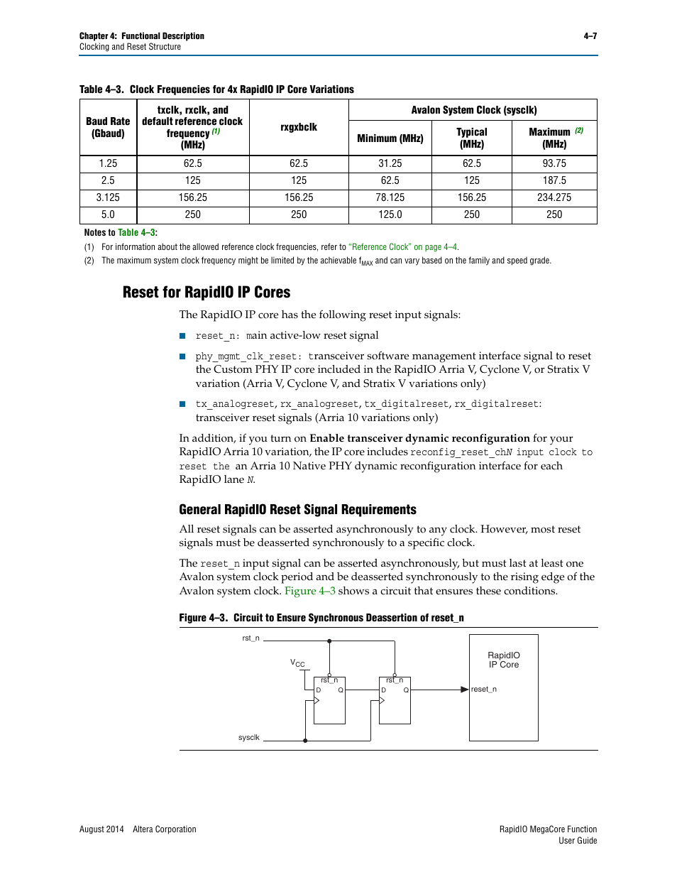 Reset for rapidio ip cores, General rapidio reset signal requirements, Reset for rapidio ip cores –7 | General rapidio reset signal requirements –7 | Altera RapidIO MegaCore Function User Manual | Page 53 / 198