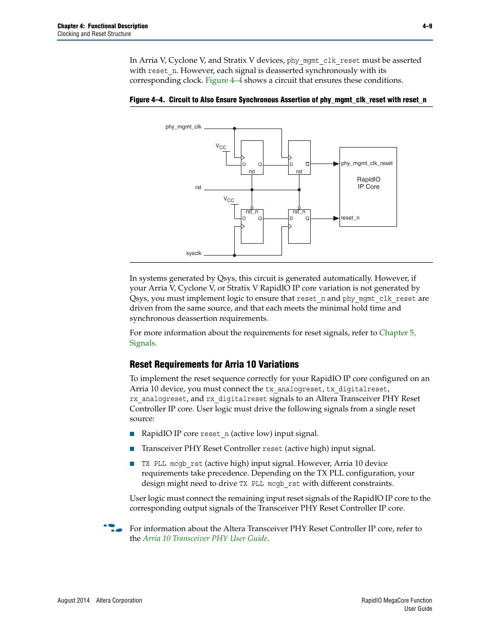 Reset requirements for arria 10 variations, Reset requirements for arria 10 variations –9 | Altera RapidIO MegaCore Function User Manual | Page 55 / 198