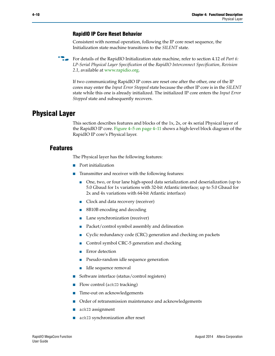 Rapidio ip core reset behavior, Physical layer, Features | Rapidio ip core reset behavior –10, Physical layer –10, Features –10 | Altera RapidIO MegaCore Function User Manual | Page 56 / 198