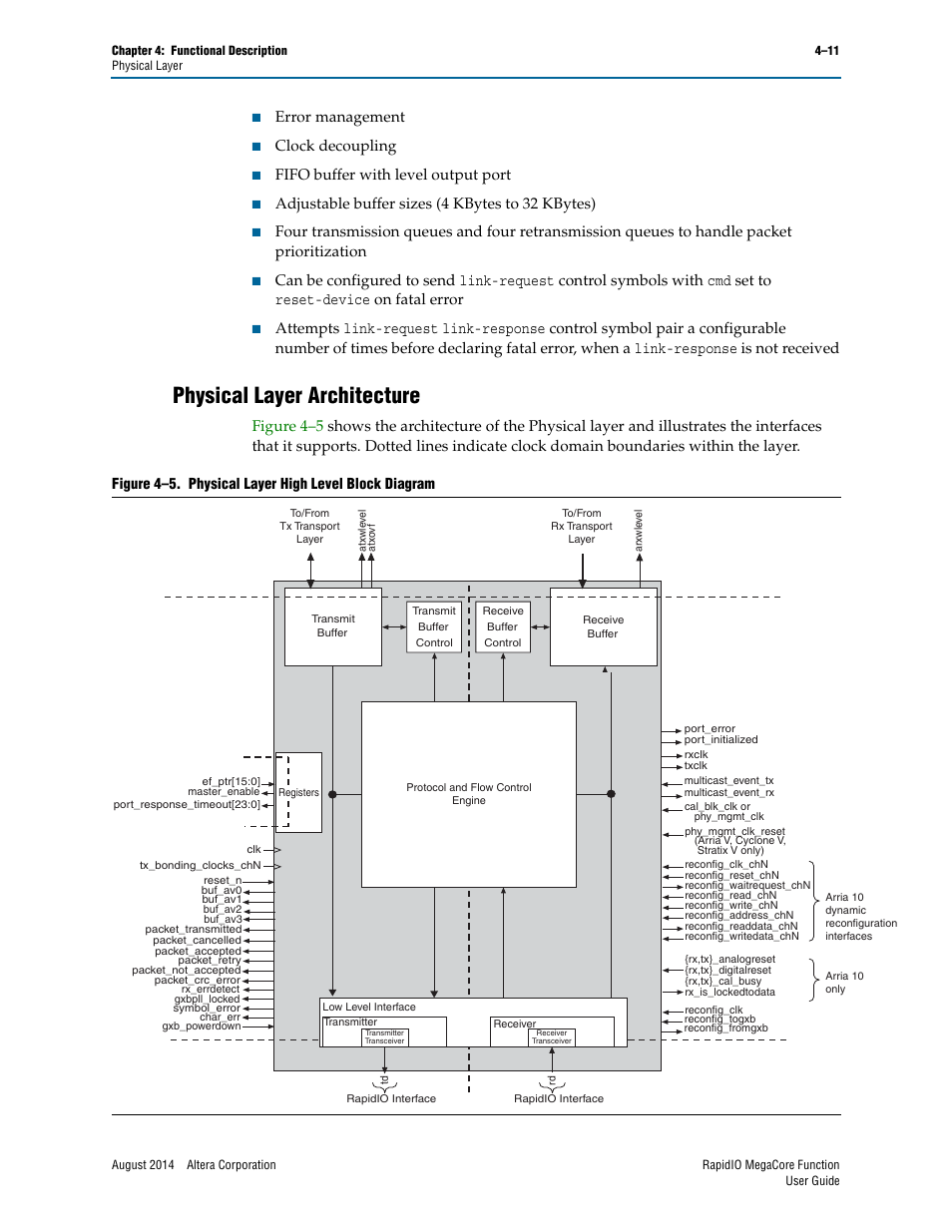 Physical layer architecture, Physical layer architecture –11, Error management | Clock decoupling, Fifo buffer with level output port, Adjustable buffer sizes (4 kbytes to 32 kbytes) | Altera RapidIO MegaCore Function User Manual | Page 57 / 198