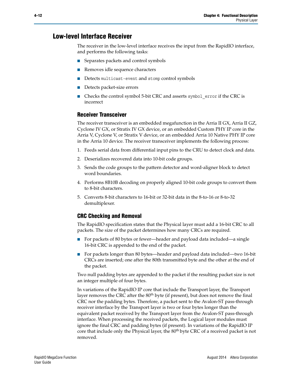 Low-level interface receiver, Receiver transceiver, Crc checking and removal | Low-level interface receiver –12 | Altera RapidIO MegaCore Function User Manual | Page 58 / 198