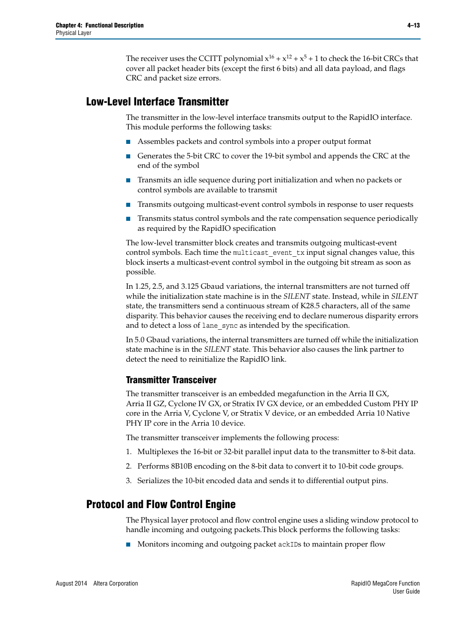 Low-level interface transmitter, Transmitter transceiver, Protocol and flow control engine | Low-level interface transmitter –13, Transmitter transceiver –13, Protocol and flow control engine –13 | Altera RapidIO MegaCore Function User Manual | Page 59 / 198