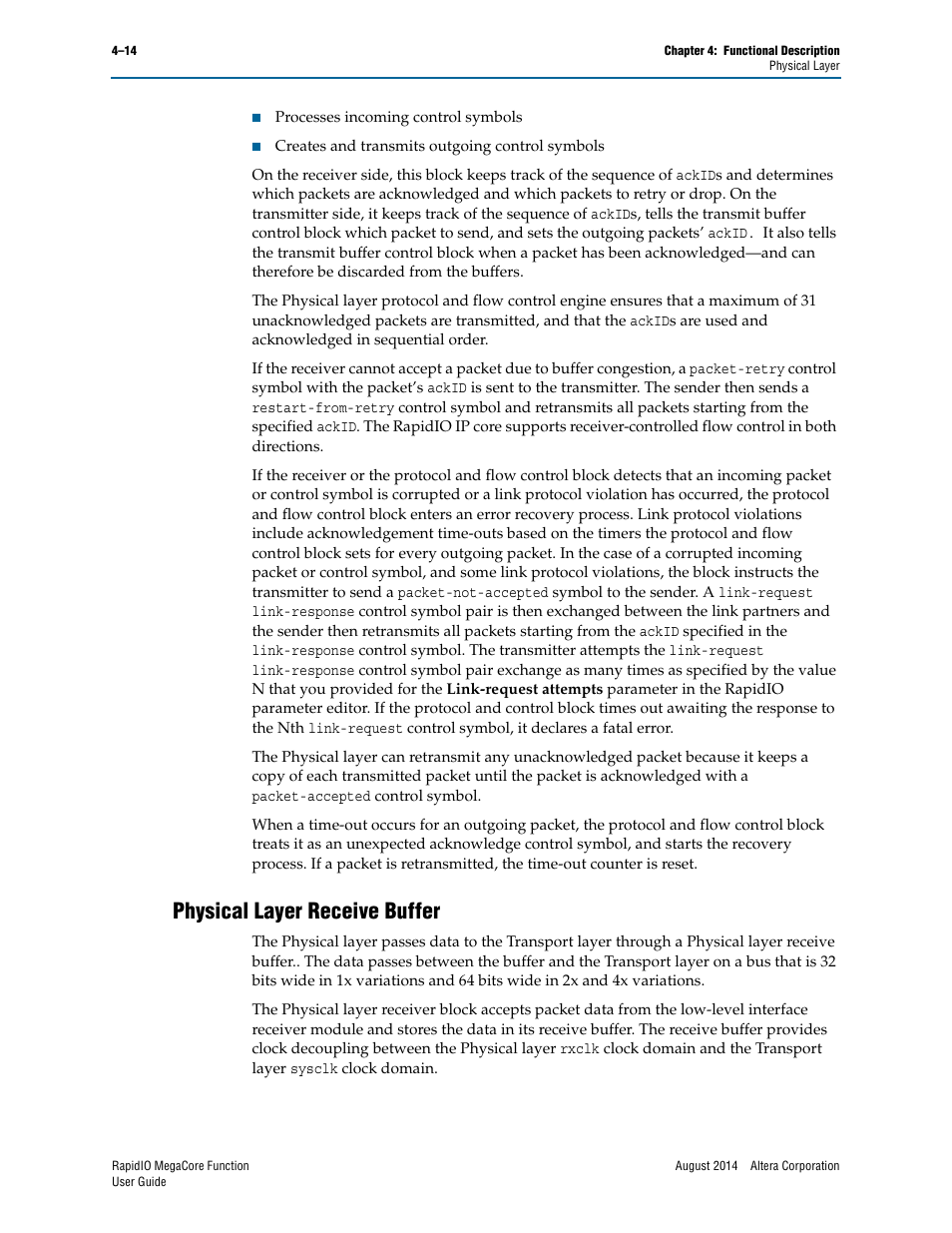 Physical layer receive buffer, Physical layer receive buffer –14, Physical layer receive buffer” on | Altera RapidIO MegaCore Function User Manual | Page 60 / 198