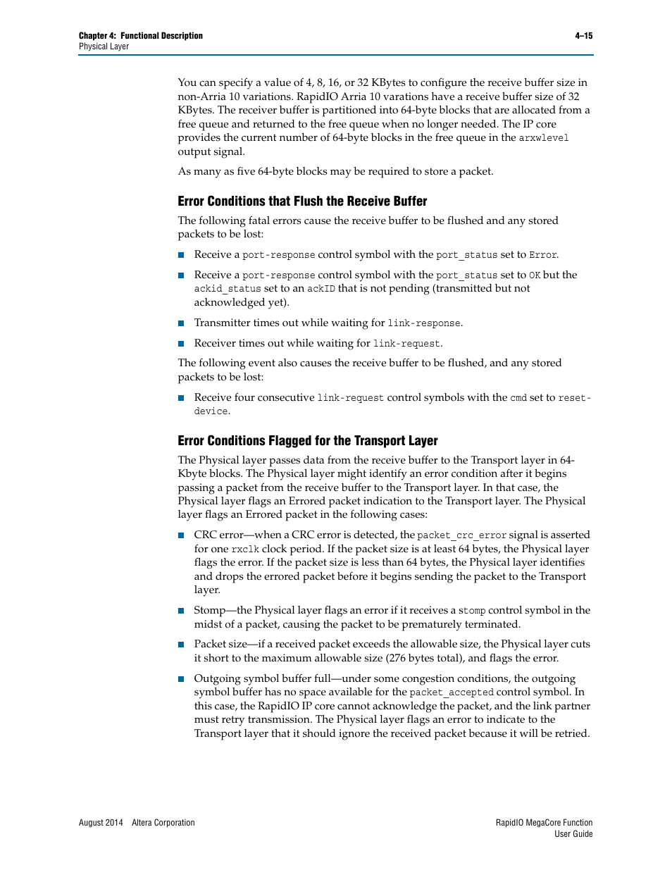 Error conditions that flush the receive buffer, Error conditions flagged for the transport layer | Altera RapidIO MegaCore Function User Manual | Page 61 / 198