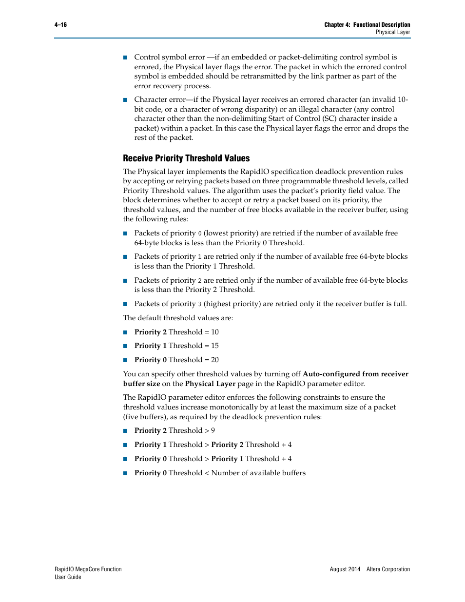 Receive priority threshold values, Receive priority threshold values –16 | Altera RapidIO MegaCore Function User Manual | Page 62 / 198